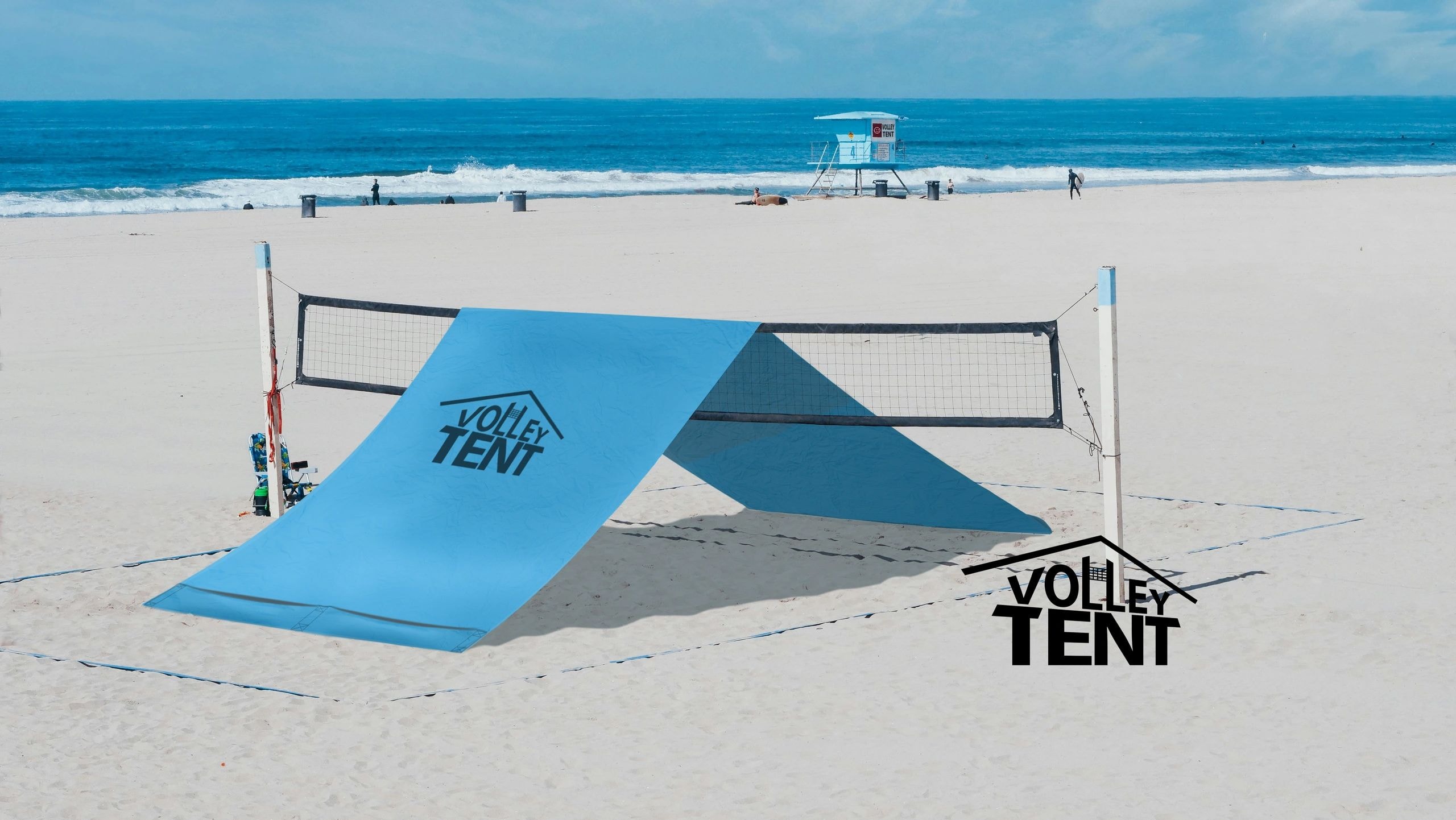 Volley Tent blue shade structure over a volleyball court on the beach